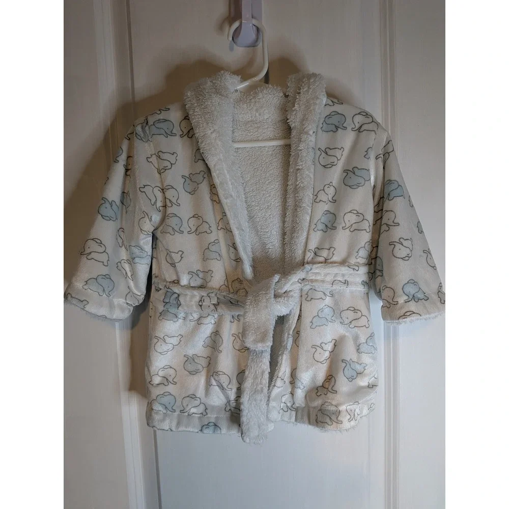 Elephant Print Hooded Baby Robe White Blue Faux Shearling Fleece Bathrobe
